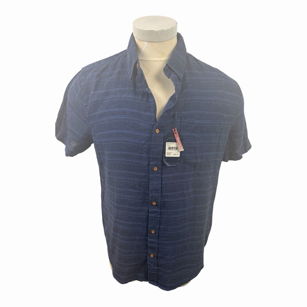 Ben Sherman Mens Large Linen Blend Shirt Navy Stripe Short Sleeve NWT $89